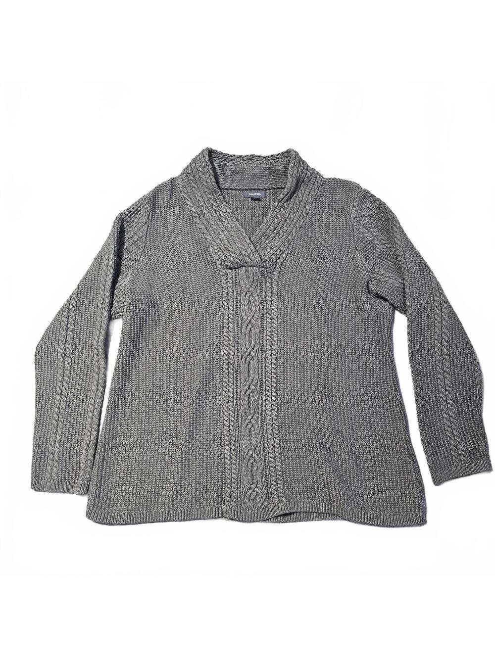 Nautica Women Plus Size XXL Cable Knit Sweater Shawl Collar Cotton Pullover Gray